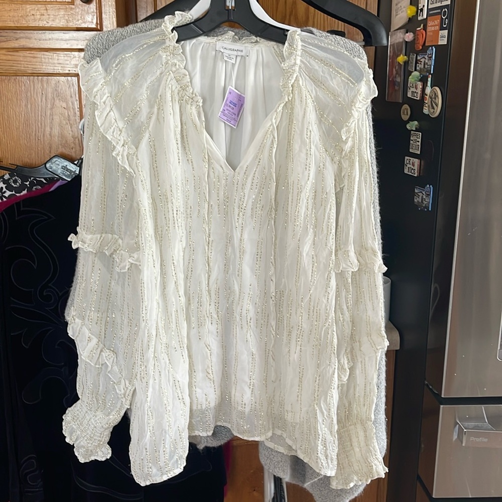 Calligraphie XL Sheer Blouse Women Top White Gold